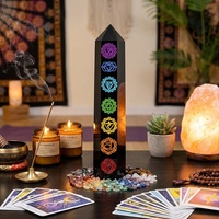 Menara Kristal Obsidian Hitam Alami 7 Chakra 14,5cm Simbol Chakra Terukir Laser Warna-warni untuk Penyembuhan Meditasi