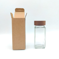 Stoples Bumbu Kayu 4oz 120ml, Wadah Bumbu, Botol Bumbu, Stoples Bumbu Kaca Persegi dengan Set Tutup Kayu Bambu