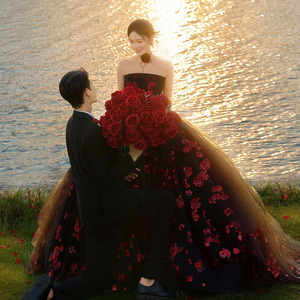 Strapless Black Ball Gown Tulle Floral Print Wedding Dress For Evening Banquet Stage Performance Emcee - Product Image 2