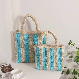 Bolso de Mujer de Paja Francesa con Rayas Verticales a la Moda, Nuevo, con Doble Cierre de Cremallera, Color en Contraste, Tejido, Listo para la Playa - Product Image 4