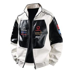 Chaqueta de Cuero PU Estilo Carreras F1 para Hombre, Chaqueta Bomber con Parches Bordados de McLaren <span class=keywords><strong>Mercedes</strong></span> <span class=keywords><strong>Benz</strong></span>, Chaqueta de Motociclista - Product Image 1