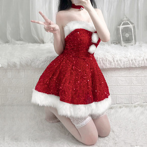 Christmas Costume Set Women Strapless <b>Sequined</b> Dress With Fur Trim Sexy Party Outfit <b>Red</b> White - Product Image 4