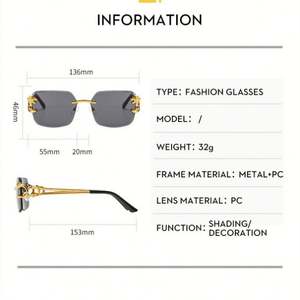 Lunettes de soleil carrées sans monture avec logo personnalisé, style vintage, pour hommes et femmes, verres dégradés, en alliage, protection UV400, tête de léopard - Product Image 6