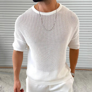T-shirt en tricot pour homme, blanc uni, manches courtes, col rond, haut décontracté, vêtements pour jeunes - Product Image 1