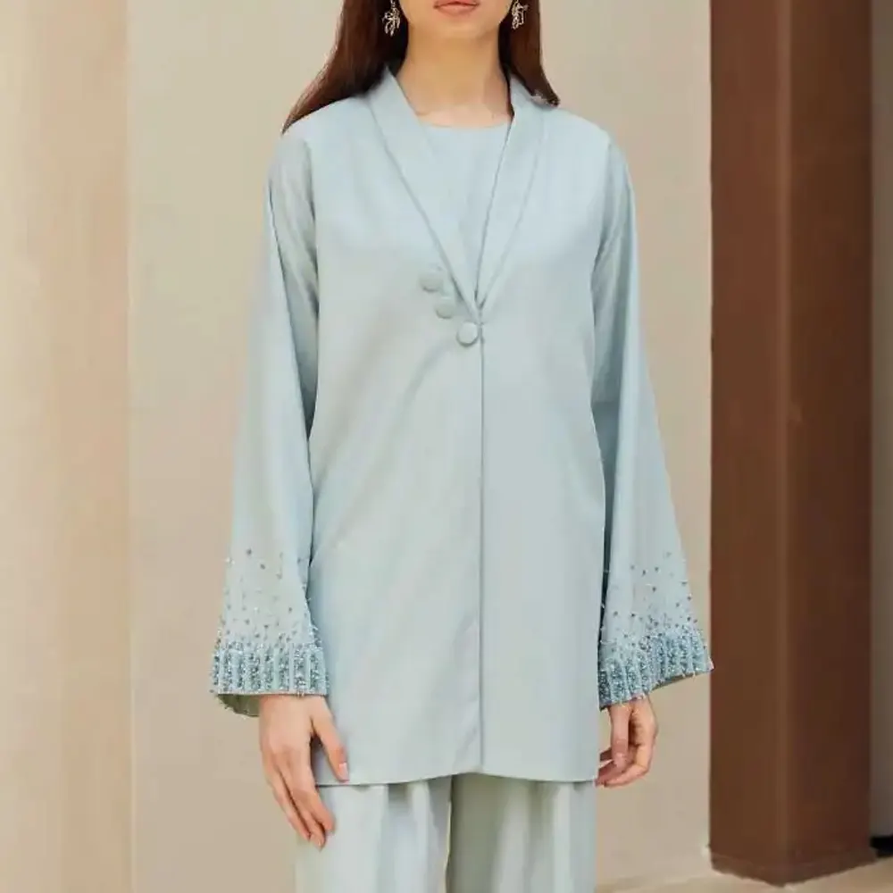 Sky blue OEM baju Muslim tradisional wanita, blus & kemeja sederhana kualitas tinggi set celana Lebaran 3 potong