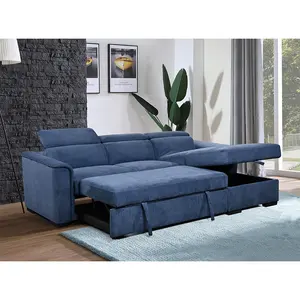 Popular 2 seats chairs adjustable headrest linen fabric living room sofa furniture L shaped sofa bed with storage