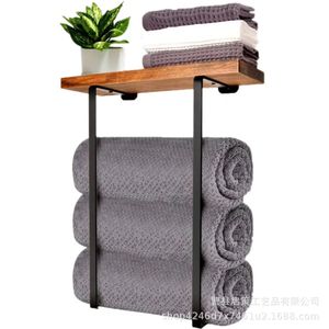 Wooden Wall Mounted Metal Towel Rack 3 <b>Bars</b> Organizer <b>Shelf</b> For Bathroom Towels Storage - Product Image 2