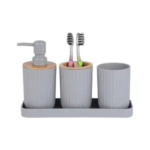 5 PIECES SIMPLE GREY COLOR SOAP DISPENSER TOOTHBRUSH HOLDER TUMBLER SOAP DISH TRAY PLASTIC BATHROOM SETS