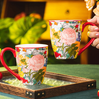 Tasse en céramique motif floral avec bord rouge, exquise pour le petit-déjeuner, idéale pour la maison et le bureau, pour le thé et le café au quotidien