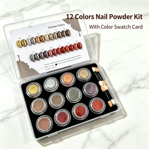 Kit de poudre à ongles effet miroir chromé métallique 12 couleurs, pigments bronze, or, argent avec nuancier et pinceaux applicateurs pour ongles - Product Image 2