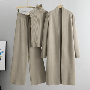 Conjunto de <span class=keywords><strong>3</strong></span> piezas de punto informal para mujer Otoño Invierno cárdigan largo suéteres chaleco y pantalones sueltos trajes de suéter de punto para mujer - Product Image 1