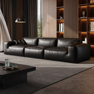 عرض ساخن: أريكة إيطالية بسيطة من الجلد الطبيعي الكامل بتصميم مكعبات جريئة باللون الأسود لغرفة المعيشة، أريكة حديثة راقية - Product Image 1