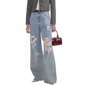 Wholesale Fashion Casual Distressed Women's Jeans Vintage <b>Light</b> <b>Blue</b> Wash Loose Straight Women's Rhinestone Jeans - Product Image 3