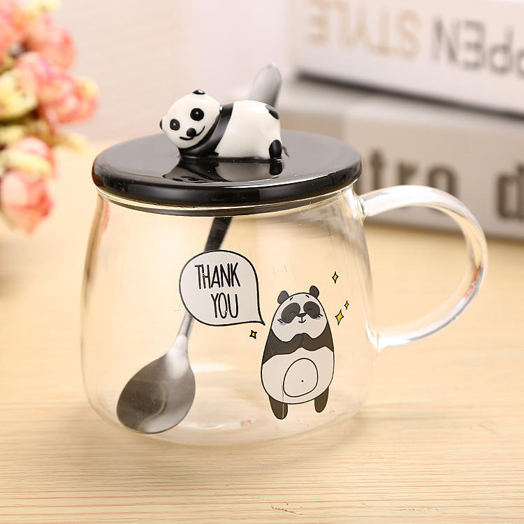 2025 New Design Glass Water Bottles Panda Water Cups Glass Milk Bottles with Lids Juice Glass Mugs with Spoons
