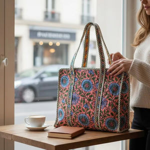 Bolso Tote Acolchado Floral Rosa, Bolso de Hombro de Algodón Hecho a Mano, Bolso Tote Bohemio para Viajes y Uso Diario - Product Image 1