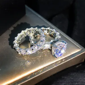 Conjunto de anillos de compromiso de circón grande exagerado para mujer, anillo de banda de diamante geométrico CZ con piedra preciosa grande de lujo para mujer