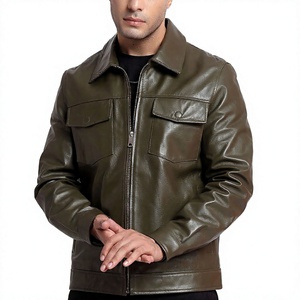 Men's Olive Green Genuine Leather Jacket Workwear Style Turn-down Collar Zipper Closure Regular Fit Autumn Wear - Product Image 1
