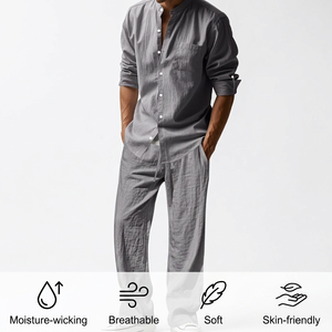 Completo da uomo in <span class=keywords><strong>lino</strong></span>: camicia e pantaloni, 95% <span class=keywords><strong>lino</strong></span> 5% poliestere, lavaggio effetto sabbia, anti-piega, a maniche lunghe, casual, per la spiaggia - Product Image 2