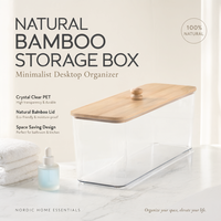 Organisateur de rangement pour salle de bain avec couvercle en bambou, transparent en PET avec couvercle en bois, vente en gros, export
