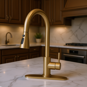 Grifo de Cocina Monomando con Rociador Extraíble, Acero Inoxidable Chapado en Oro Cepillado, Montaje en Encimera, Estilo Tradicional Europeo - Product Image 2