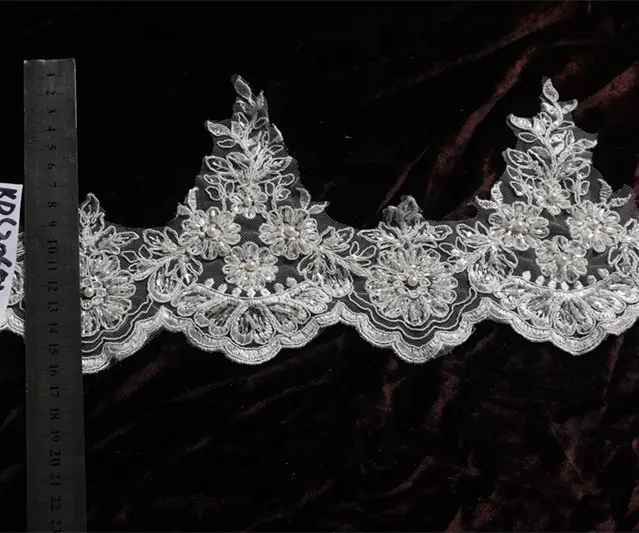 アイボリースパンコール刺繍真珠ビーズコードブライダルレーストリミングボーダーencaje de tul bordado alencon lace
