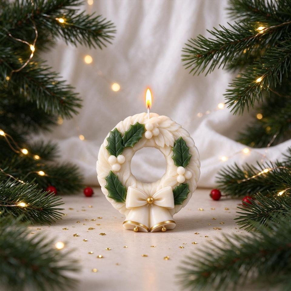 DM1461 Christmas Wreath Silicone Mold Holly Berry Bow Bell Resin Candle ...