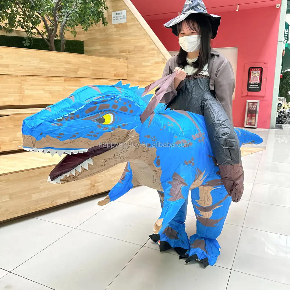 Gaun Halloween lucu tiup naik kostum dinosaurus hewan biru Cosplay kostum dinosaurus tiup