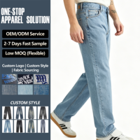 Jean en denim basique pour homme, bleu clair délavé, coupe droite, classique, cinq poches, taille mi-haute, uni, décontracté, vente en gros OEM