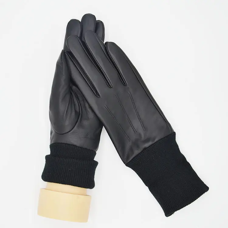 Guantes largos de piel de oveja con Logo personalizado para hombre y mujer, guantes de invierno a la moda, color negro