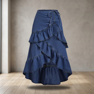 Jupe longue asymétrique en jean à volants pour femme, décontractée, couleur unie, coupe ample, respirante, en coton délavé, taille haute, automne - Product Image 3