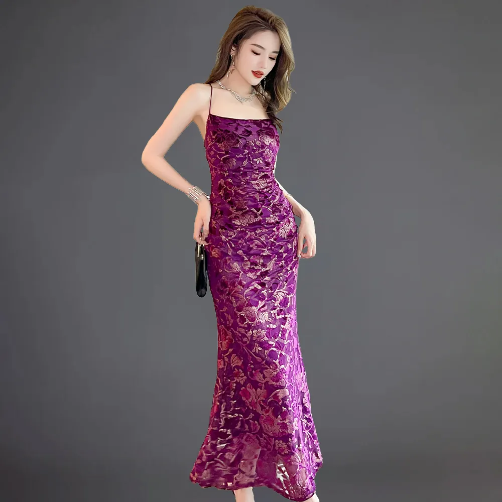 ZYHT 20580 Sexy Floral Print Velvet Spaghetti Strap Maxi Dress Backless Bandage Trumpet Slip Dress for Women