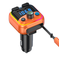 Chargeur de voiture portable 45W avec cordon USB-C rétractable, charge rapide, pour modulateur FM stéréo, transmetteur mains libres, lumière RGB