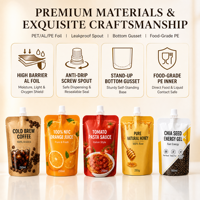 Emballage personnalisé en pochette souple avec bec verseur, sachet Doypack autoportant pour liquides alimentaires, avec bouchon verseur pour sauces, condiments, boissons, miel