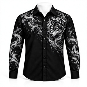 Camisa de Manga Larga Negra para Hombre con Estampado Gráfico de Lobo Gris y Humo, 100% Algodón, Transpirable, Estilo Casual, Venta al Por Mayor - Product Image 1