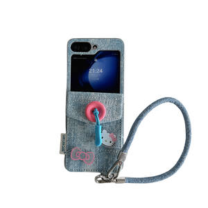 Coque de téléphone Denim <span class=keywords><strong>Kitty</strong></span> Cat avec poche pour carte et dragonne pour <span class=keywords><strong>Samsung</strong></span> Z Flip 7/6/5/4/3, housse de protection anti-chute mignonne - Product Image 1