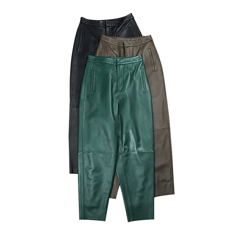 0609 High Waist Big Hip Lambskin Radish Pants Plus Size Women Versatile Genuine Leather Trousers