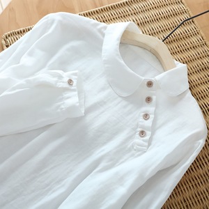 White Peter Pan Collar Long Sleeve Shirt Cotton Linen Retro Solid Color Top Everyday Wear Women's Blouse - Product Image 1