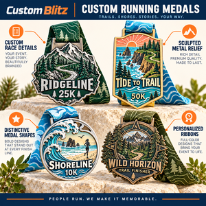 Médailles de finisseur personnalisées pour la course sur sentier et les courses côtières avec des motifs en relief montagne et océan et rubans imprimés personnalisés OEM - Product Image 4