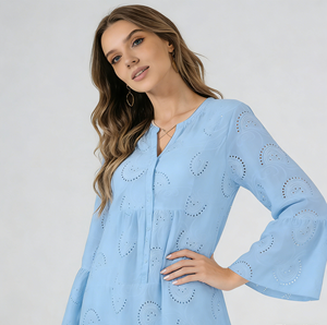 Robe décontractée ample pour femme grande taille, bleu clair, col en V, tricotée, motif 3D, broderie extensible, manches cloche, ourlet à volants - Product Image 6