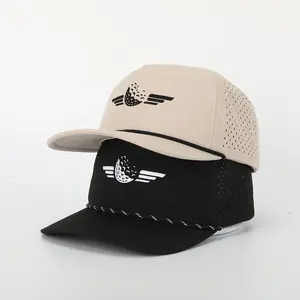 Gorra de béisbol de poliéster con Logo bordado personalizado, gorra deportiva de poliéster de alta calidad con agujero de corte láser, color negro, 5 paneles, venta al por mayor