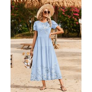 Summer Floral Maxi <b>Dress</b> Women O-Neck Short Sleeve Bohemian A-Line <b>Elastic</b> Waist Breathable Casual Beach Sundress - Product Image 4