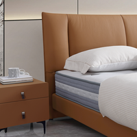 Lit Queen Size Moderne Minimaliste avec Cadre en Métal et Bois de Chêne, Revêtement en Cuir Véritable et Éponge Haute Densité, Gain de Place, Assemblé