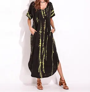 Tie Dye Print Vestidos Damen Langes Etui kleid Kaftan Gebogener Saum Kurzarm Maxi kleider mit V-Ausschnitt Plus Size STb-0782