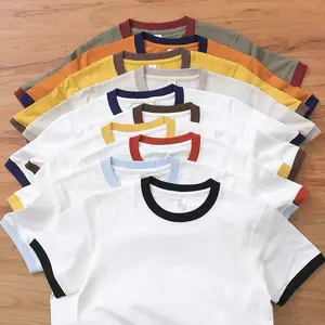 Casual premium 100% cotton t-shirt woman soft tshirt contrast color round collar and rib cuff cotton knitted t shirts for men