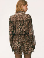 Robe Courte en Mousseline Imprimé Léopard Joydressing avec Col Noué et Manches Longues Bouffantes pour Femme – Robe de Soirée Sexy – Vente en Gros OEM