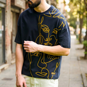 T-shirts personnalisés surdimensionnés en toile, imprimés en relief, 300g, respirants, tendance, en coton et bambou, style décontracté urbain, haute couture - Product Image 2