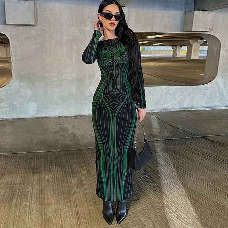 2023 אביב פס 3D הדפסת מקסי שמלת נשים הברנש אלגנטי O-צוואר ארוך שרוול ישר Robe נקבה גבוהה רחוב Attirewear