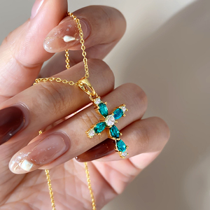 18K Gold Plated Brass Marquise CZ <b>Cross</b> Pendant Necklace Unisex Classic Religious Christian Daily Wear Jewelry Wholesale - Product Image 2