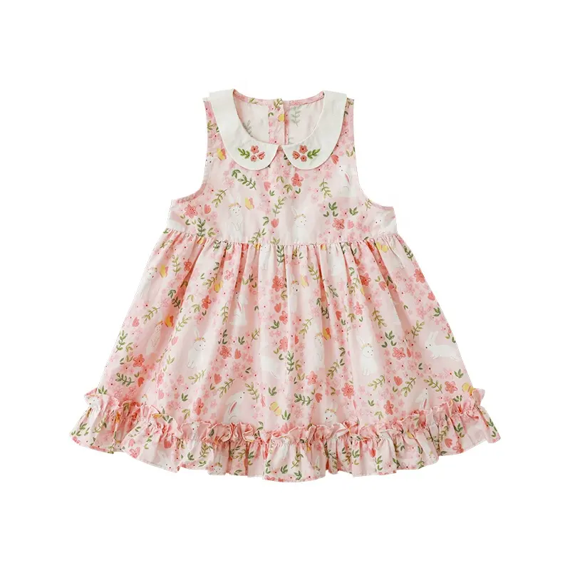children Girls Embroidered Sleeveless Kids Dress Pink Floral Printed toddler Girl 100% Cotton summer flower girls' dresses