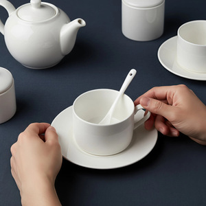 Ceramic Coffee <b>Cup</b> And Saucer <b>Set</b> White Round Solid Color For Afternoon Tea Home Office Use - Product Image 2